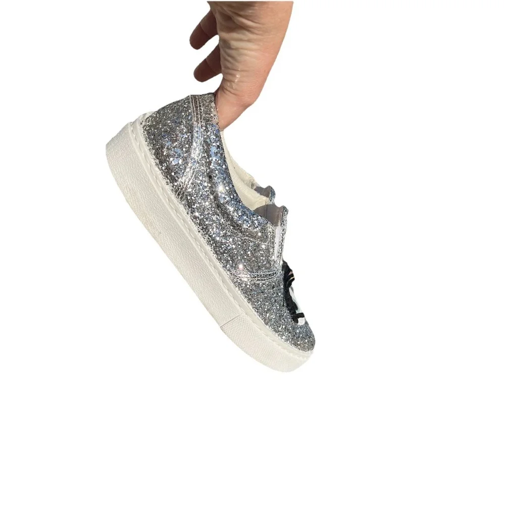 #81 Chiara Ferragni Sz 36 Flirting Loafer Silver Glitter Leather Wink Eye Shoes